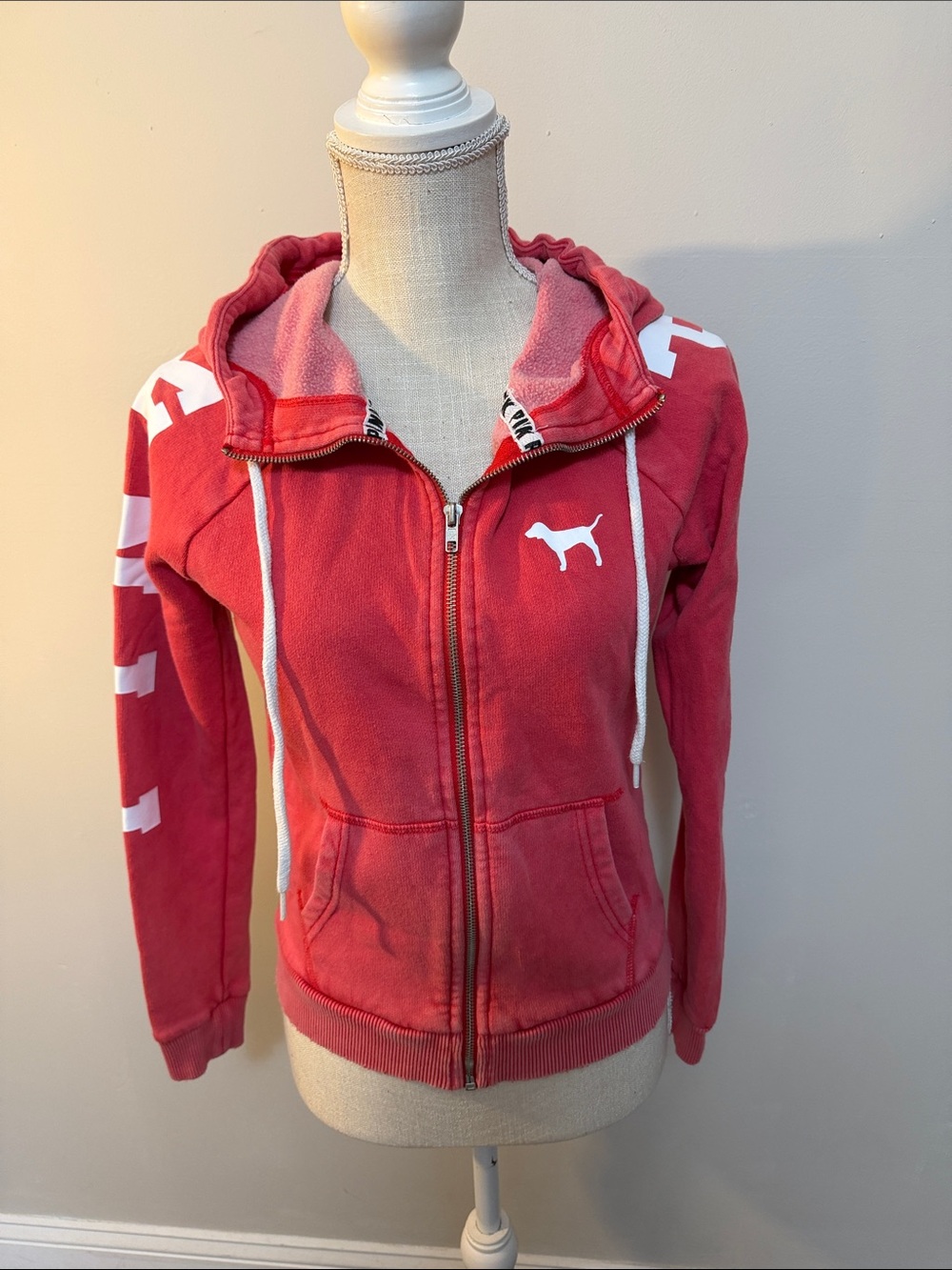 PINK Victoria's Secret Coral Pink Zip Hoodie with White Logo